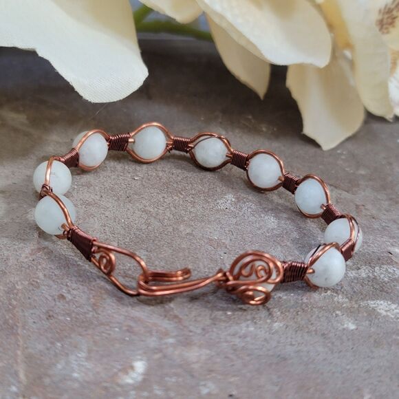 Handmade Aquamarine Copper Wire Wrapped Beaded Bracelet Boho Artisan Jewelry - Picture 2 of 2